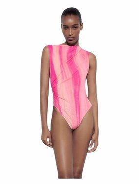 Zara Pink Mesh High Neck Body Suit Women Size S